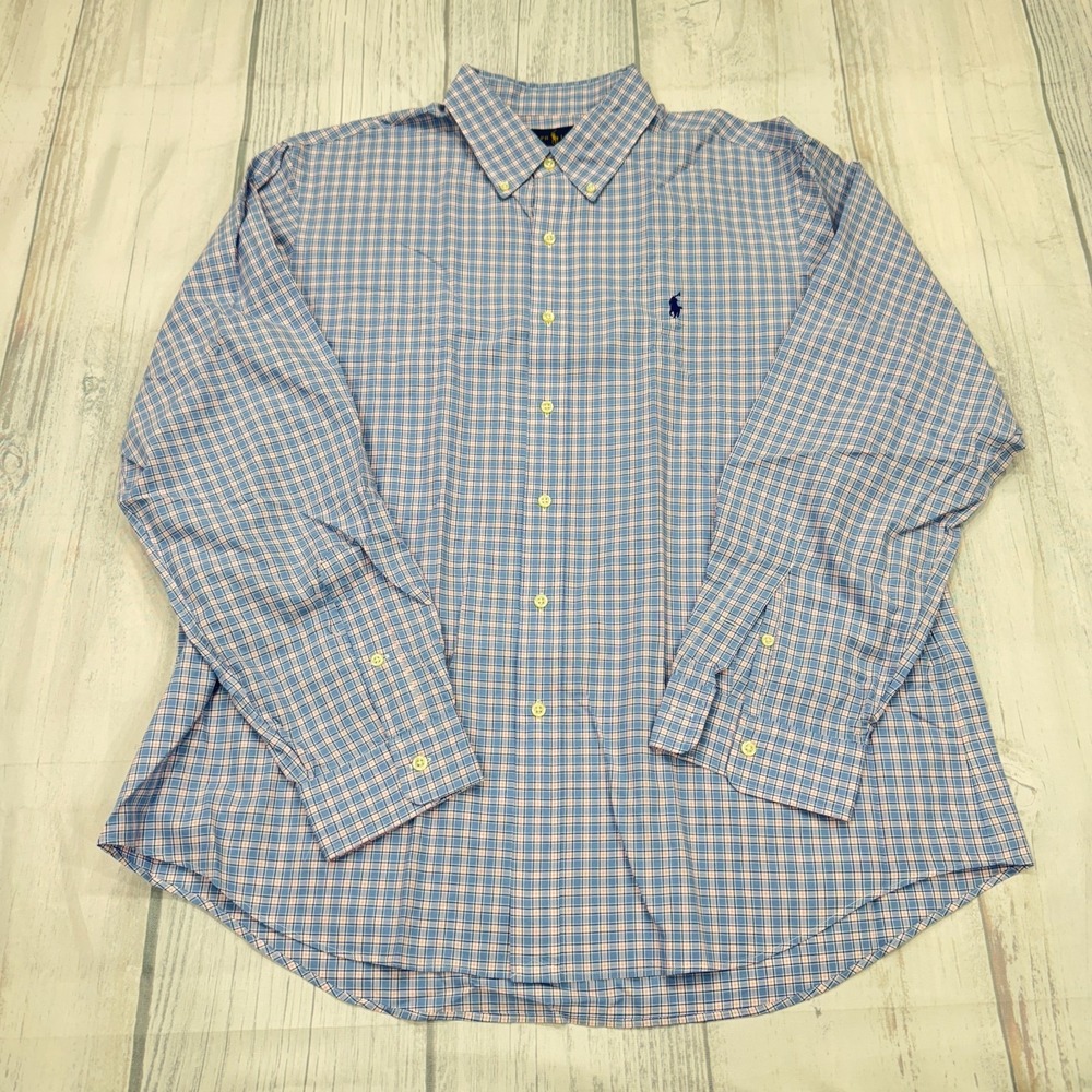 POLO Ralph Lauren Button Down Shirt XL Blue Plaid Pony Cotton Mens
